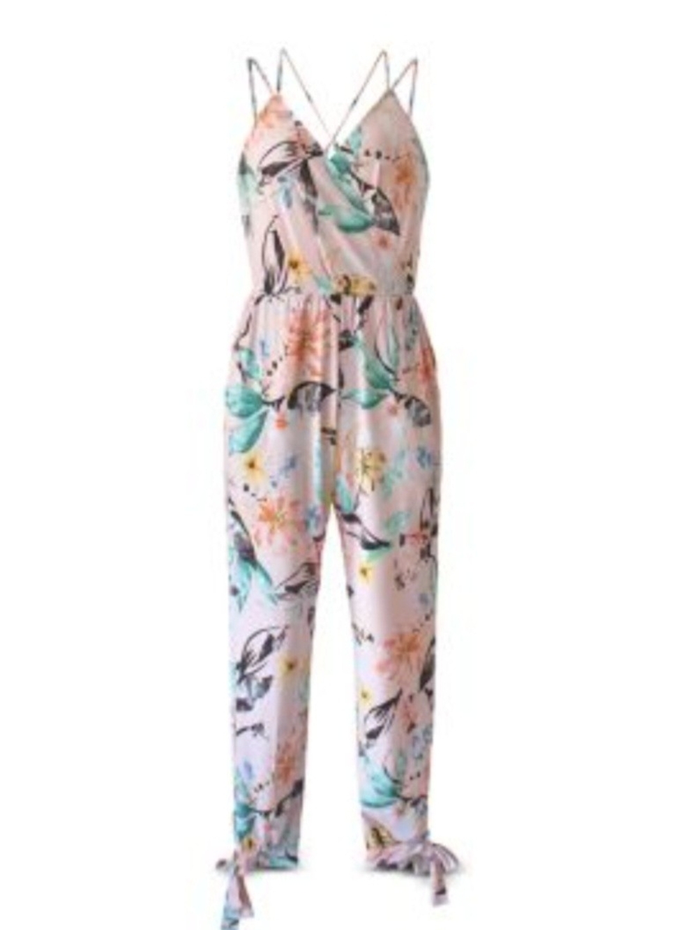 BCBGeneration Pink Floral V-Neck Jumpsuit with Tie Ankles